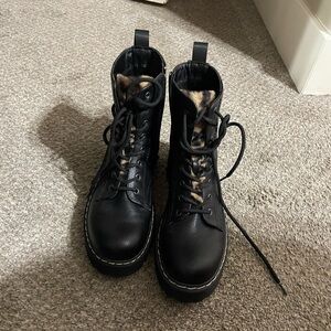 EUC Portland Haley Black Leather Faux Leopard Combat Boots